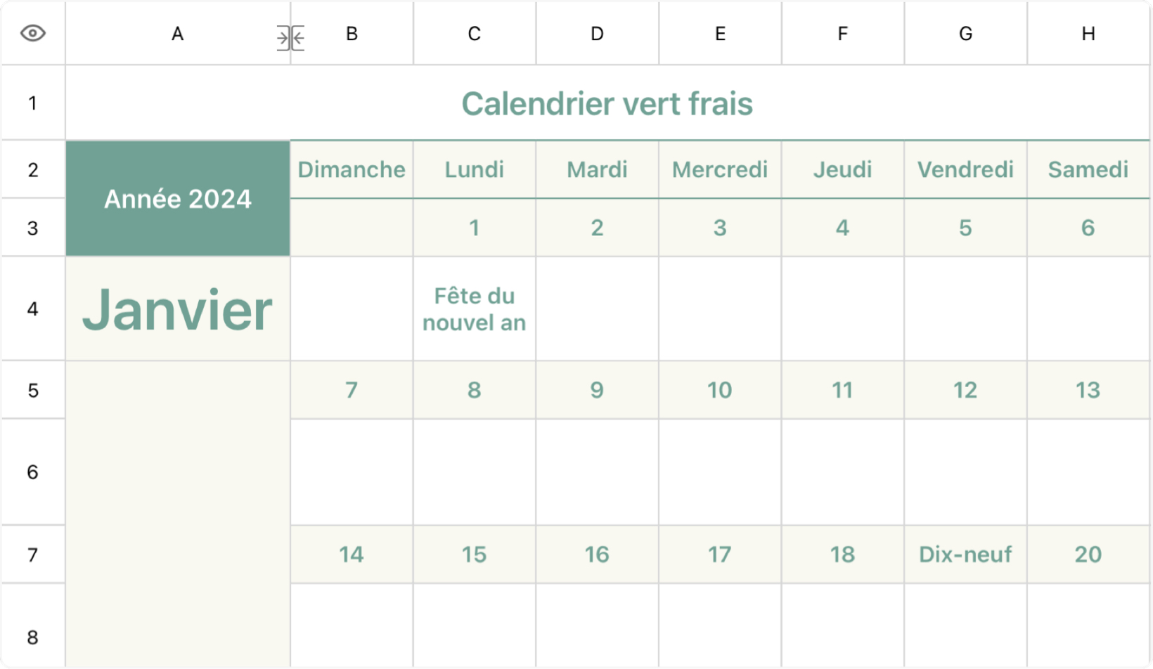 Calendrier vert frais